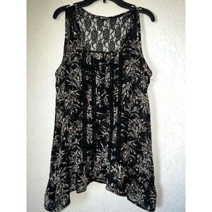 Women’s Lily White Blouse Black Floral Sleeveless Lace Neck Button Down Medium
